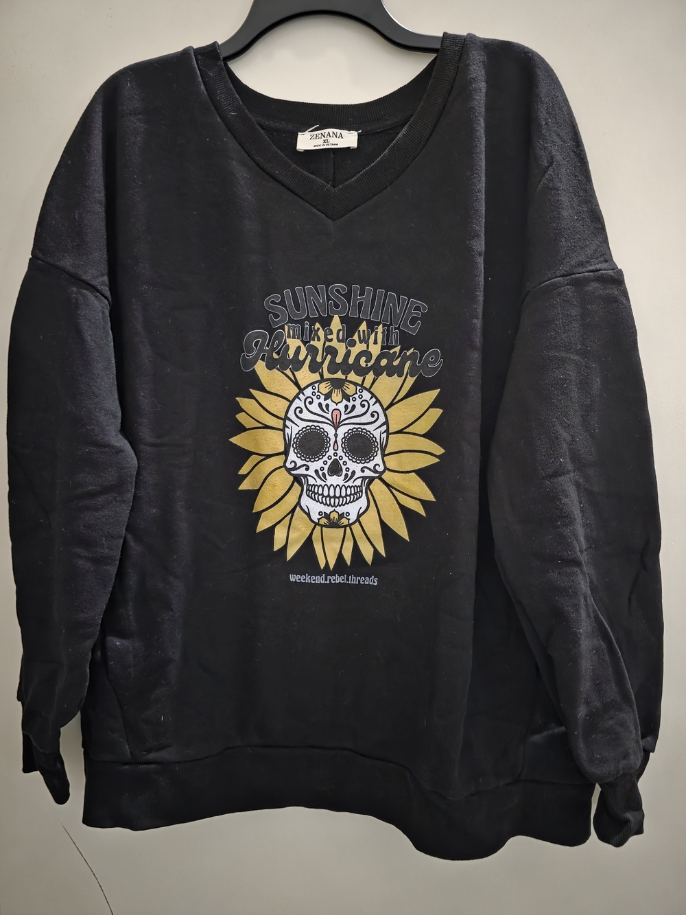 Zennana Women's Black V-Neck Sweater with Gold Sunflower Skull Graphic